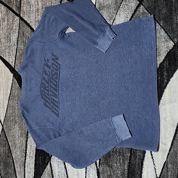 HARLEY DAVIDSON HENLEY THERMAL EMBROIDERED BAR & SHIELD BLUE LONG SLEEVE SHIRT - Picture 2 of 14